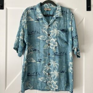 Tommy Bahama 100% Silk Men's Short Sleeve Loop Shirt Blue Palm Trees XLarge
